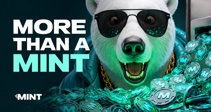 A polar bear mascot wearing sunglasses and a gold chain sits atop a pile of M-branded coins with the bold text "MORE THAN A MINT" and a "MINT" logo.