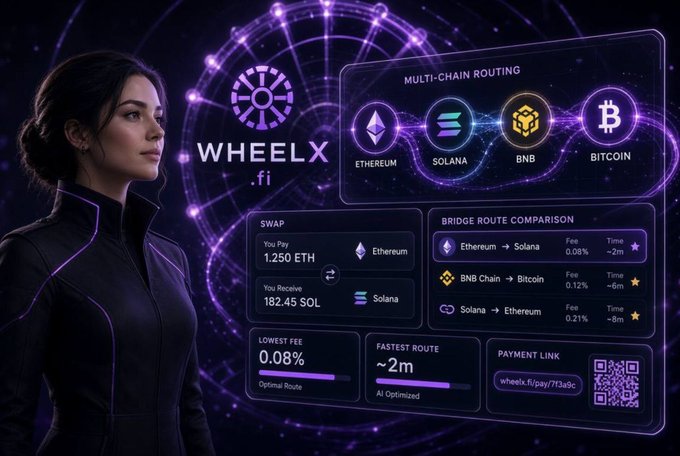 A futuristic woman in a dark jacket stands beside the WheelX.fi dashboard, which displays a multi-chain routing interface showing swaps between Ethereum, Solana, BNB, and Bitcoin, including a sample trade of 1.250 ETH for 182.45 SOL with fees of 0.08–0.21% and times of ~2–8 minutes, visually embodying the platform's promise to simplify fragmented cross-chain liquidity into a single AI-powered interface.