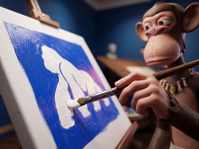A 3D-rendered chimpanzee wearing a beaded necklace intently paints white shapes on a blue canvas with a brush, capturing the creative spirit of "Creating culture on Apechain." The artistic scene reflects the post's theme of original cultural expression, with the ape symbolizing the Apechain community forging its own identity.