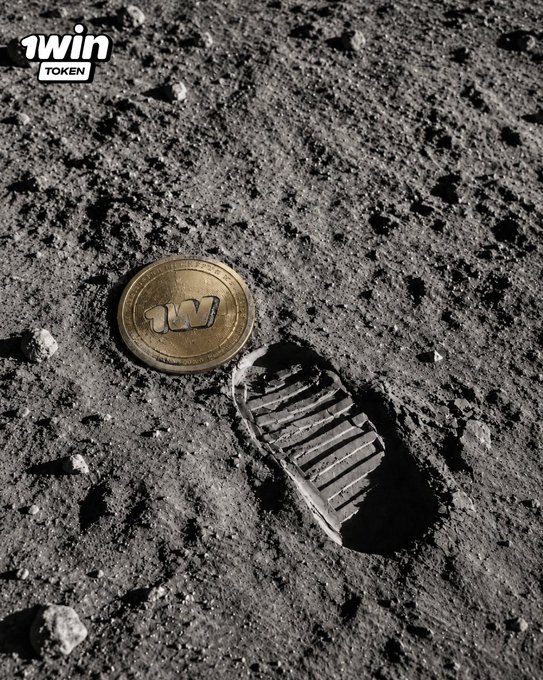 A gold "1WIN TOKEN" coin rests on a rocky lunar-like surface next to a single astronaut boot print, while the "1win TOKEN" logo appears in the top-left corner—visually reinforcing the post's message "One day... If you're here, you're early," symbolizing 1WIN as a pioneering crypto project that has literally set foot where others have yet to land.