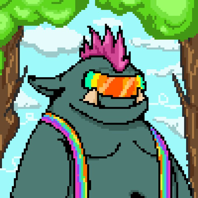A pixel art illustration depicts a gorilla wearing rainbow suspenders, pixelated sunglasses, and a pink mohawk standing between two trees.