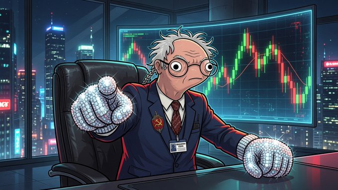 An AI-generated cartoon depicting an alarmed older man in a suit with diamond-covered hands pointing at a cryptocurrency candlestick chart on a large screen in a modern office with city skyline views.
