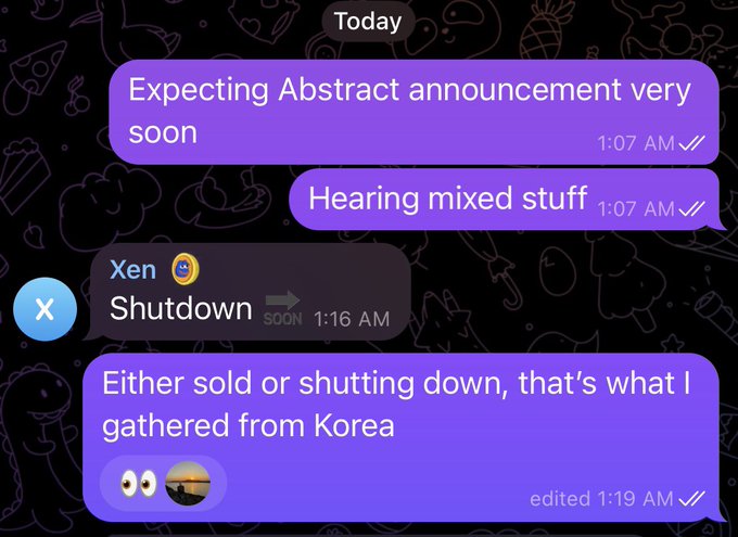 A series of Telegram messages discussing the imminent Abstract blockchain announcement, with users sharing rumors about a potential shutdown or sale, including the notable message "Either sold or shutting down, that's what I gathered from Korea." The screenshot captures the pre-announcement speculation that the poster anticipated would gain engagement, aligning with their reference to "the Abstract announcement" in the caption.