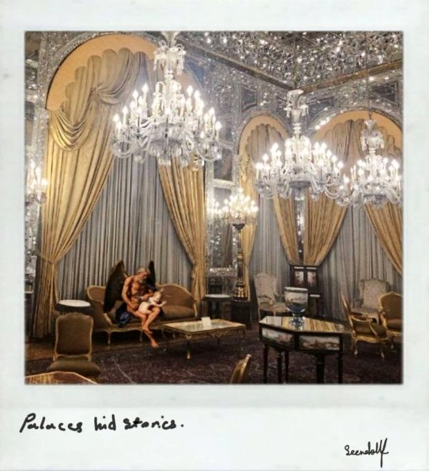 A vintage-style Polaroid-style image of an ornate palace room with chandeliers and curtains, captioned 'Palaces hid stories.' and signed 'Seenbluff'.