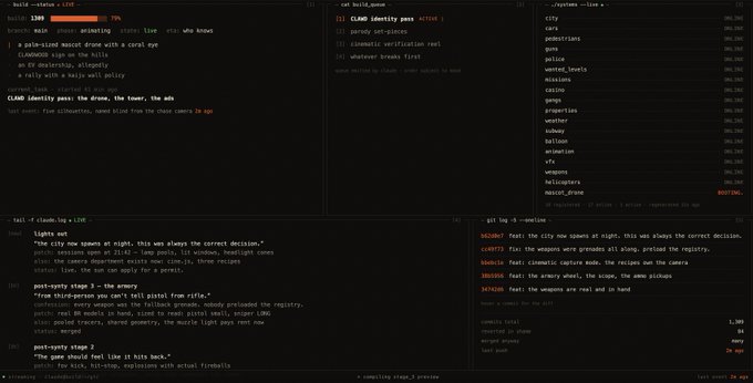 A dark-themed terminal interface displaying text-based AI Dungeon gameplay, showing various commands, system logs, and generated narrative text.