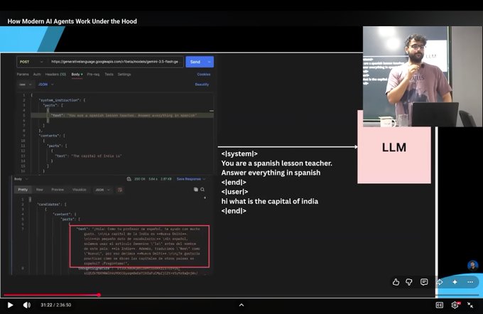 A screenshot of a YouTube tutorial video titled "How Modern AI Agents Work Under the Hood," showing code, a system prompt for a Spanish lesson teacher, and a presenter speaking on the right.