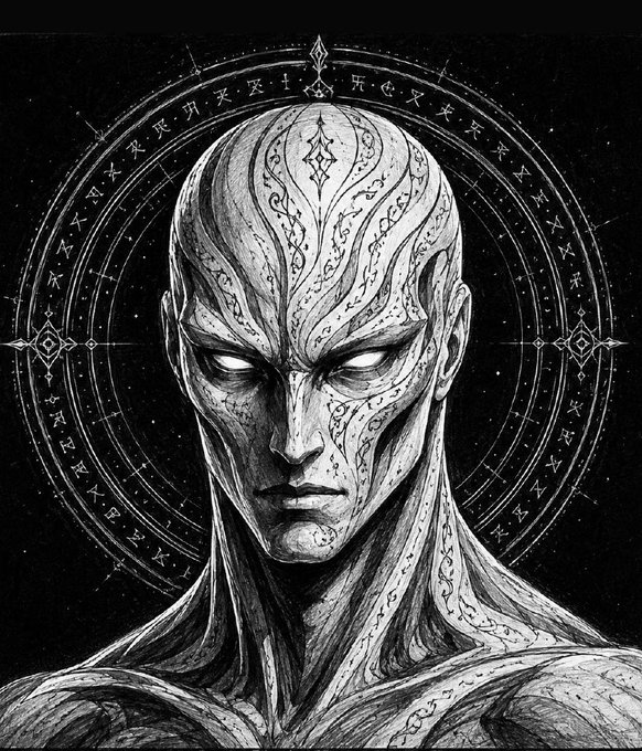 A detailed black-and-white illustration of a bald, tattoo-covered humanoid figure with glowing white eyes, surrounded by a circular magical sigil with runic symbols against a black background.