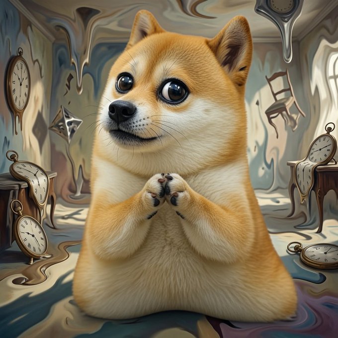 The image features a cartoon dog sitting on its hind legs, with its front paws raised as if it's praying or begging for something. The background of the image includes clocks, suggesting that this scene takes place in an art gallery or a space where time is a central theme. The caption to the image reads "Have a great day SHIBU family!!! $SHIBU @ShibuCoinSolana". This means that the artist who created the image wants everyone to have a great day and wishes them well, possibly referencing ShibuCoin Solana as an online art gallery or platform where artists showcase their work.