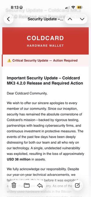 Screenshot of a critical security update email from Coldcard Hardware Wallet regarding the MK3 4.2.0 Release, addressing a vulnerability that resulted in the loss of approximately USD 38 million.