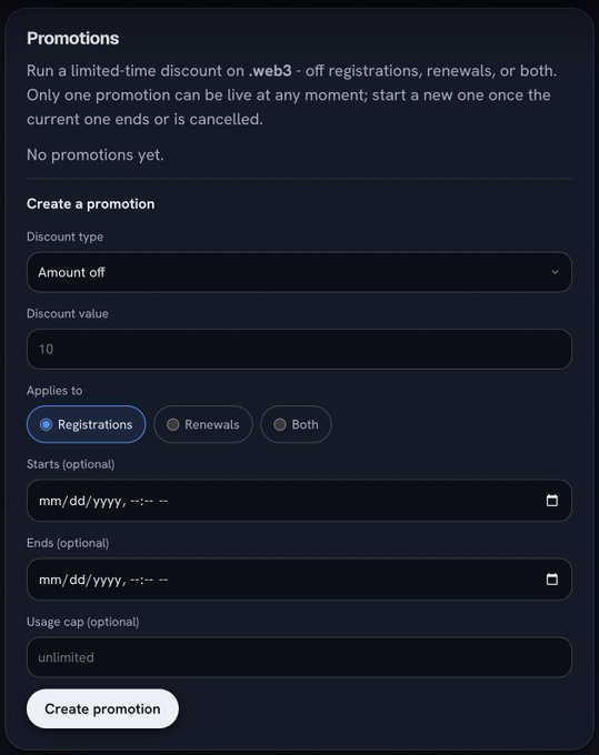 A 'Promotions' admin panel interface allowing users to create limited-time discounts for web3 registrations, renewals, or both, currently configured with an 'Amount off' discount of 10 applied to Registrations.