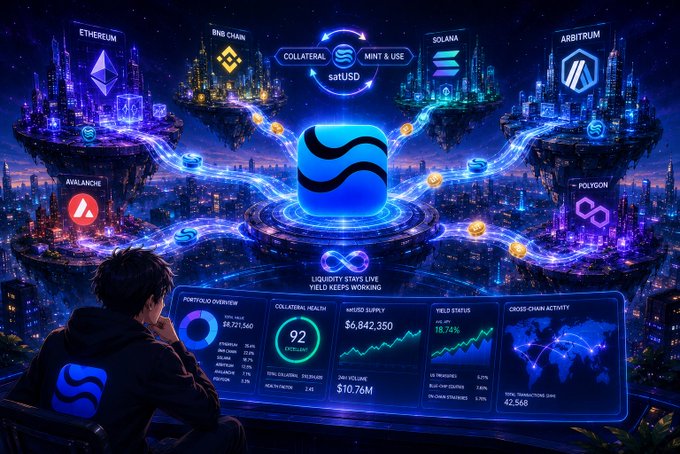 The image features a man sitting at a desk with his eyes focused on a computer screen displaying a detailed map of a cityscape filled with various buildings, roads, and landmarks. The city appears to be a complex network of interconnected areas, suggesting that the man is analyzing or studying the layout and infrastructure of this urban environment. The post in question discusses the intricacies of how assets flow across chains without the need for collateral, which could potentially apply to real estate transactions within the depicted cityscape.