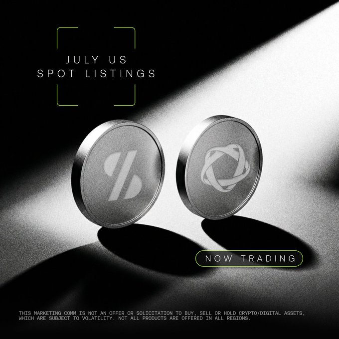 A sleek black-and-white promotional graphic for "JULY US SPOT LISTINGS" featuring two metallic coin-style logos (likely representing $AEON and $SLX) angled against dramatic lighting, with a "NOW TRADING" button and a disclaimer that it's not an offer to buy or sell crypto. The image directly supports the post by visually showcasing the two newly listed tokens from July's spot listings.