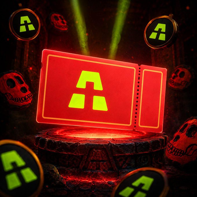 A digital artwork featuring a glowing red ticket with a neon green symbol, surrounded by floating coins with the same symbol and red skull motifs, set against a dark, dramatic background.