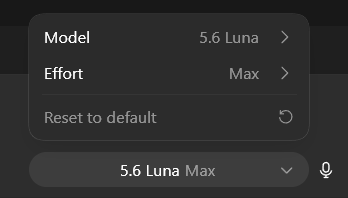 A dark-themed settings menu showing model selection with "Model: 5.6 Luna" and "Effort: Max" options, alongside a "Reset to default" button and a "5.6 Luna Max" input field. The image illustrates a user on a pro plan running the Luna Max model with maximum effort across multiple sessions, which aligns with the post's observation that high-tier usage barely impacts remaining credits (e.g., 100 dropping only to 98-99).