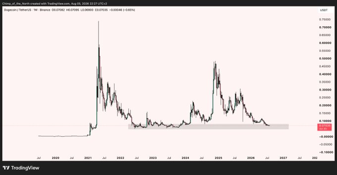 TradingView chart displaying the Dogecoin/USDT perpetual futures pair on Binance, showing price action from 2020 to 2027 with notable peaks in 2021 and 2025 and a current price around $0.07.