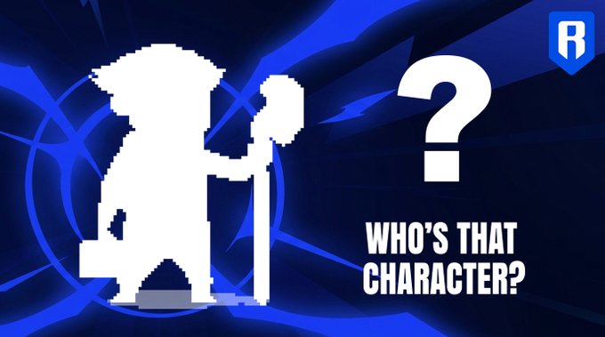 A pixelated white silhouette of a small character holding a large key stands next to a question mark with the text "WHO'S THAT CHARACTER?" against a blue background, prompting viewers to guess the mystery figure's identity.