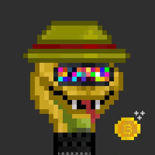 A pixel art illustration of a blonde character wearing a safari hat and glitchy sunglasses, with their tongue sticking out, next to a Bitcoin coin.