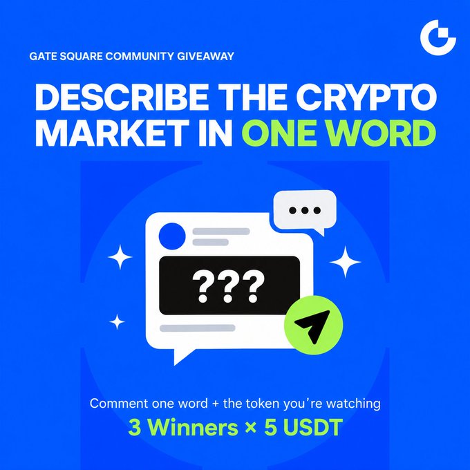 A blue promotional graphic for a 'GATE SQUARE COMMUNITY GIVEAWAY' asking participants to 'DESCRIBE THE CRYPTO MARKET IN ONE WORD', noting '3 Winners x 5 USDT' and featuring a Telegram logo.