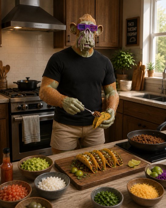 An AI-generated image showing an orange-skinned monkey/ape creature wearing purple sunglasses and a black t-shirt, cooking tacos in a kitchen with various taco ingredients laid out on the counter.