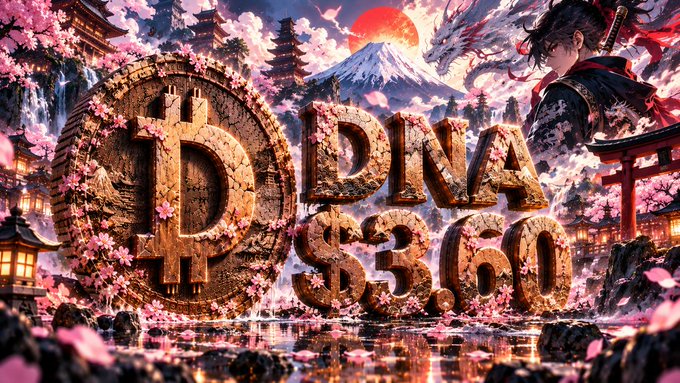 An ornate digital artwork featuring a Bitcoin symbol, the text 'DNA $3.60', a samurai figure, Mt. Fuji, and cherry blossoms in a Japanese-inspired landscape.