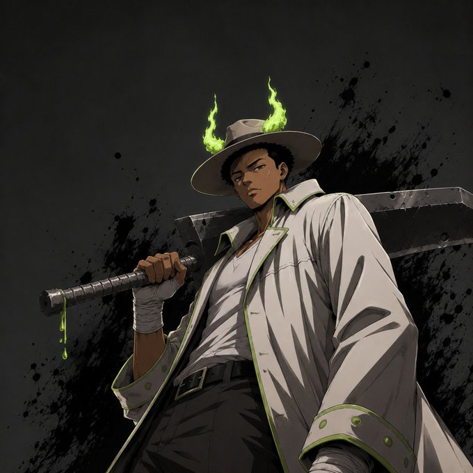 An anime-style illustration of a character wearing a wide-brimmed hat with green flames above it, a white trench coat with green trim, and carrying a large sword over his shoulder.