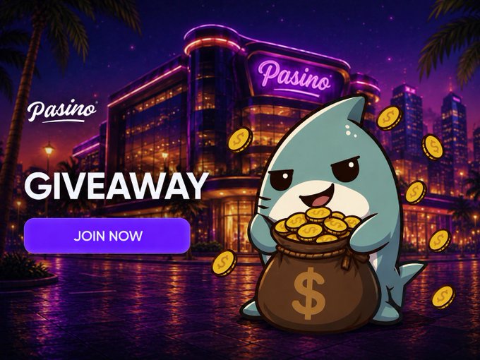 A promotional graphic for a 'Pasino' giveaway featuring a cartoon shark holding a bag of gold coins with a 'JOIN NOW' button against a neon casino backdrop.
