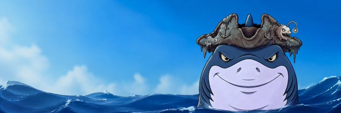 An illustrated cartoon character resembling Gengar wearing a weathered hat, emerging from blue ocean waves under a bright blue sky.