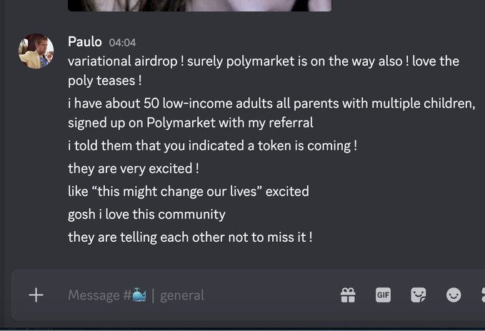 A Discord message from user Paulo at 04:04 expresses excitement about a Polymarket token airdrop, mentioning they referred about 50 low-income parents who are eagerly awaiting the announcement. The post connects to the context of Polymarket's Discord community in September 2026, reflecting the speculative enthusiasm around an anticipated POLY token launch.