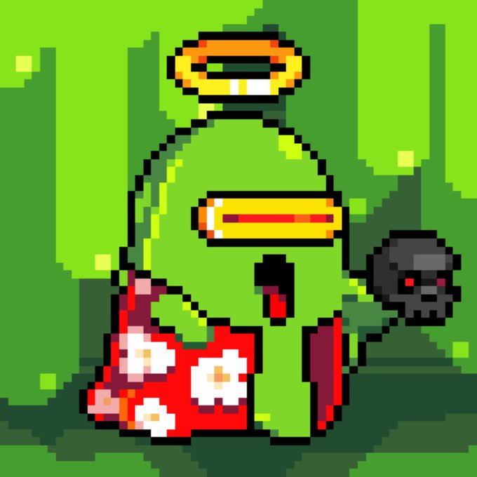 A green blob character wielding a sword and shield accompanies a small ghost companion, rendered in vibrant pixel art that exemplifies the nostalgic, charming aesthetic referenced in the post about pixel art's unique "aura" in the NFT space, attributed to @GhostLabNFT.