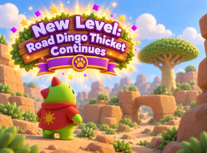 A 3D animated scene shows a small green creature in a red hoodie standing in a desert landscape beneath a banner reading 'New Level: Road Dingo Thicket Continues'.