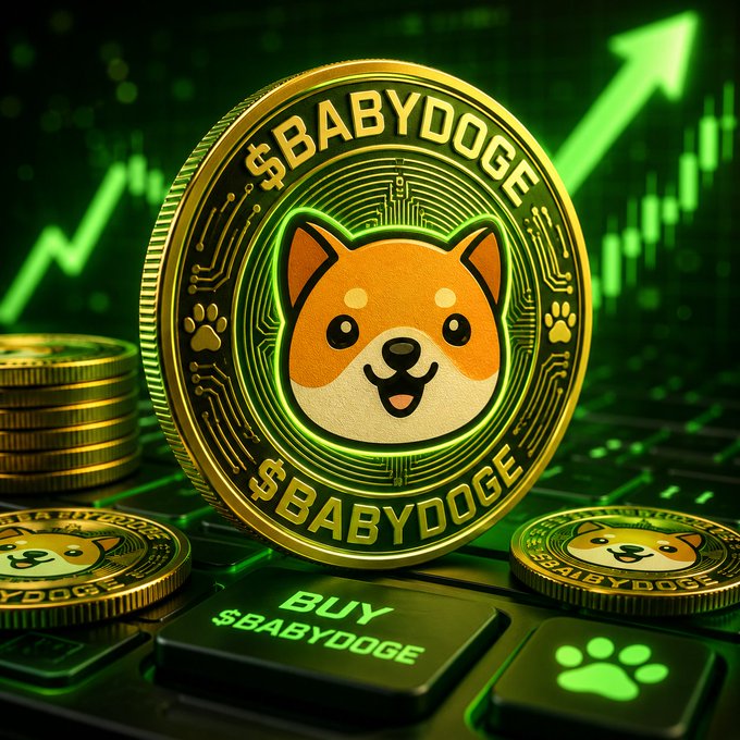 A digital promotional graphic featuring a gold "$BABYDOGE" cryptocurrency coin with a Shiba Inu face, set against a green candlestick chart with an upward arrow and a "BUY $BABYDOGE" button on a keyboard.