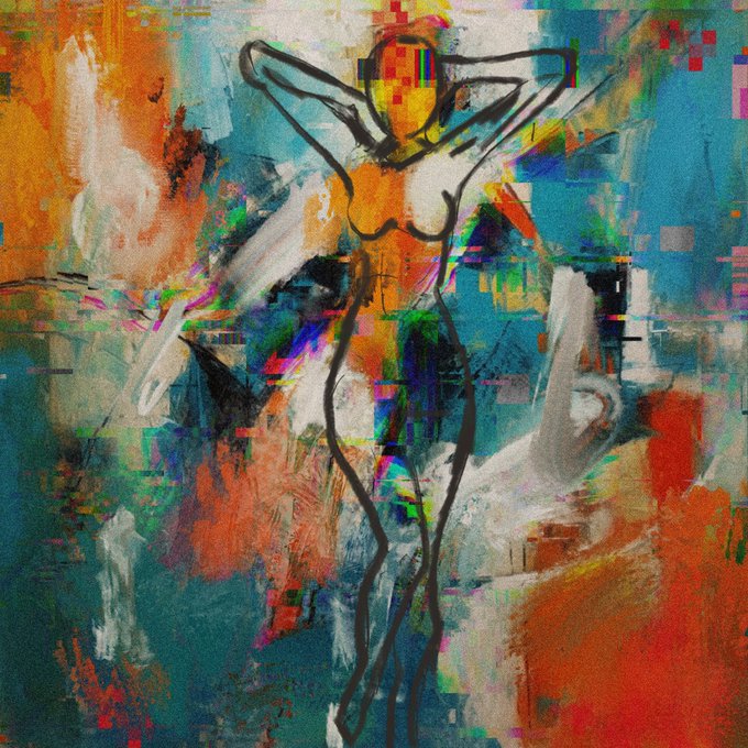 A vibrant abstract digital painting depicting a female figure in black outline against a chaotic background of blue, orange, and red hues with pixelated glitch effects.