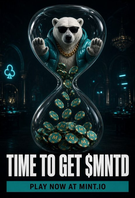 A promotional poster features a polar bear wearing sunglasses and a turquoise puffer jacket inside an hourglass filled with $MNTD cryptocurrency coins, with the tagline 'TIME TO GET $MNTD - PLAY NOW AT MINT.IO'.