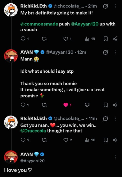 A series of Twitter/X posts between users RichKid.Eth and AYAN (@Aayyan120) discussing support, with messages including 'push @Aayyan120 up with a vouch', 'Thank you so much homie If i make something, i will give u a treat promise', and 'I love you ♡'