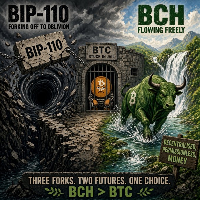 A promotional graphic comparing cryptocurrencies, depicting 'BIP-110 FORKING OFF TO OBLIVION' with a dark portal, 'BTC STUCK IN JAIL' in a cell, and 'BCH FLOWING FREELY' with a green bull, captioned 'THREE FORKS. TWO FUTURES. ONE CHOICE. BCH > BTC.'
