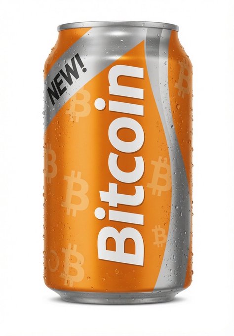 A condensation-beaded orange soda can labeled "Bitcoin" with a "NEW!" banner, decorated with Bitcoin "₿" symbols, visually riffing on the "Make Bitcoin Great Again" slogan by presenting the cryptocurrency as a refreshing, must-try new product.