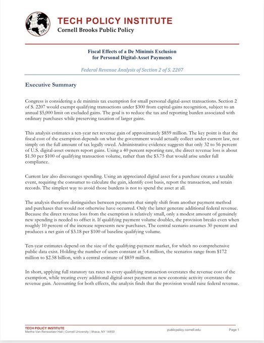 A document from the Cornell Brooks Tech Policy Institute titled 'Fiscal Effects of a De Minimis Exclusion for Personal Digital-Asset Payments,' presenting an executive summary of a federal revenue analysis for Section 2 of S. 2207.