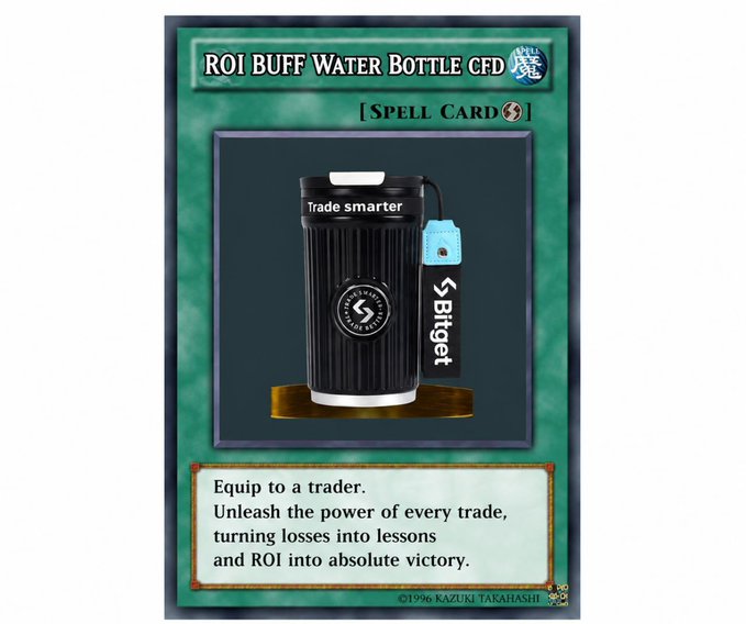 A Yu-Gi-Oh style spell card titled "ROI BUFF WATER BOTTLE CFD" featuring a black water bottle labeled "Trade smarter" with Bitget branding, with effect text: 'Equip to a trader. Unleash the power of every trade, turning losses into lessons and ROI into absolute victory.'