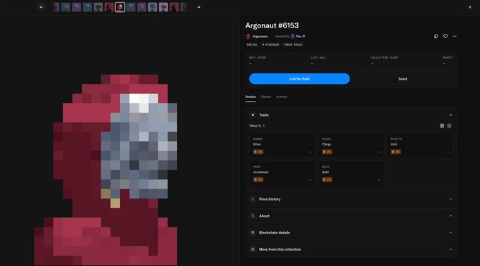 A cryptocurrency NFT marketplace page shows a pixel-art "Argonaut" character with traits including Blue skin, Clown face, Void palette, Uncrowned head, and Gold relic.