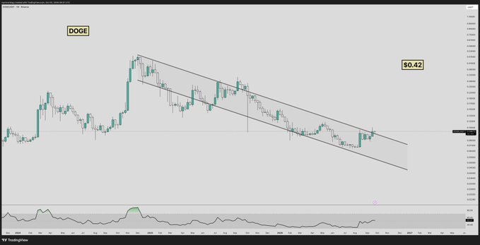 A TradingView chart of DOGE/USDT displays a descending channel pattern with candlesticks trending downward toward a labeled price level of $0.42. The image visually supports the post's bullish claim that DOGE's price movement will lift associated memecoins, illustrating the technical setup traders are watching for a potential breakout.