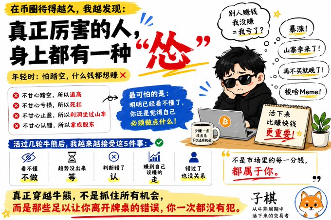 A Chinese crypto trading infographic with a cartoon character at a laptop, highlighting that "truly skilled people in the crypto space have a sense of 'cowardice'" and listing behaviors to avoid (like chasing highs) versus adopt (like waiting for confirmed trends), aligning with the post's theme about being willing to miss out (踏空) rather than blindly chasing every opportunity across BTC, ETH, and SOL.