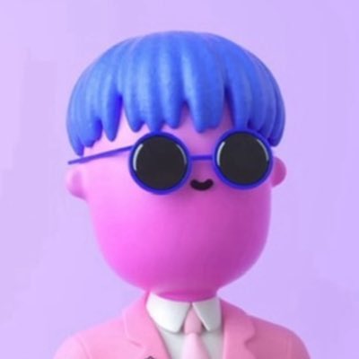 A 3D-rendered pink character with blue hair wearing round black sunglasses and a pink suit.