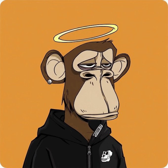 A Bored Ape Yacht Club-style NFT illustration of a brown monkey with half-closed eyes, a silver earring, and a glowing yellow halo above its head, wearing a black zip-up hoodie on an orange background.