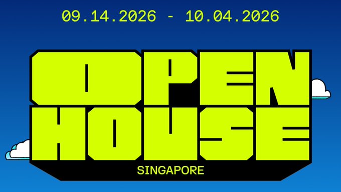 Promotional graphic for 'OPEN HOUSE SINGAPORE' event taking place from 09.14.2026 to 10.04.2026, featuring bold yellow text on a blue background with pixelated cloud graphics.