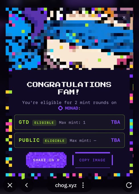 A pixelated 'Congratulations Fam!' notification from chog.xyz indicating eligibility for 2 mint rounds on Monad with GTD and PUBLIC options, along with buttons to share on X or copy the image.