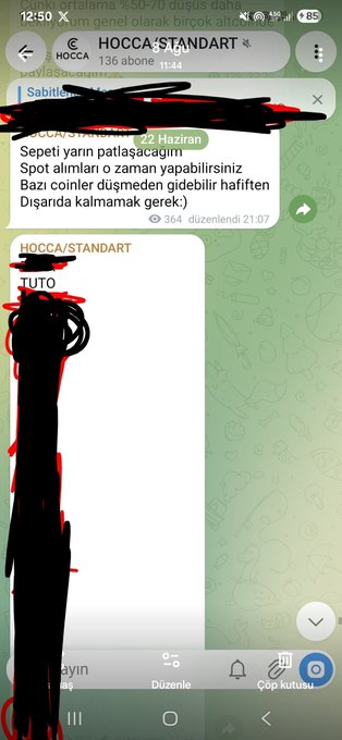 Screenshot of a Telegram channel named "HOCCA STANDART" with a message dated June 22 about sharing a "Spot" basket, noting it has already yielded 7x gains while other coins have dropped, with patience cited for the remaining three-year hold.