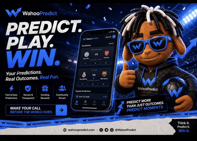 An advertisement for 'WahooPredict' featuring a cartoon mascot with sunglasses and dreadlocks holding a soccer ball, promoting 'PREDICT. PLAY. WIN.' for sports predictions.