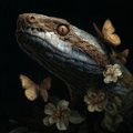 A dark, moody illustration showing the head of a crocodile or alligator emerging from shadows, accompanied by small orange butterflies and delicate white flowers against a black background.