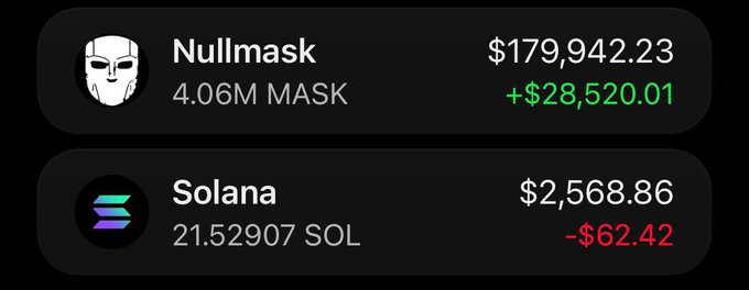 Cryptocurrency portfolio cards showing Nullmask at $179,942.23 (+$28,520.01) with 4.06M MASK and Solana at $2,568.86 (-$62.36) with 21.52907 SOL.