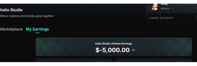 Screenshot of the Kaito Studio 'My Earnings' tab for the account 'Holly' (@rklizyy), displaying a negative Kaito Studio Lifetime Earnings balance of $-5,000.00.
